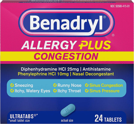 Benadryl Allergy Plus Congestion Ultratabs Allergy & Sinus Congestion Relief Tablets, 24 ct