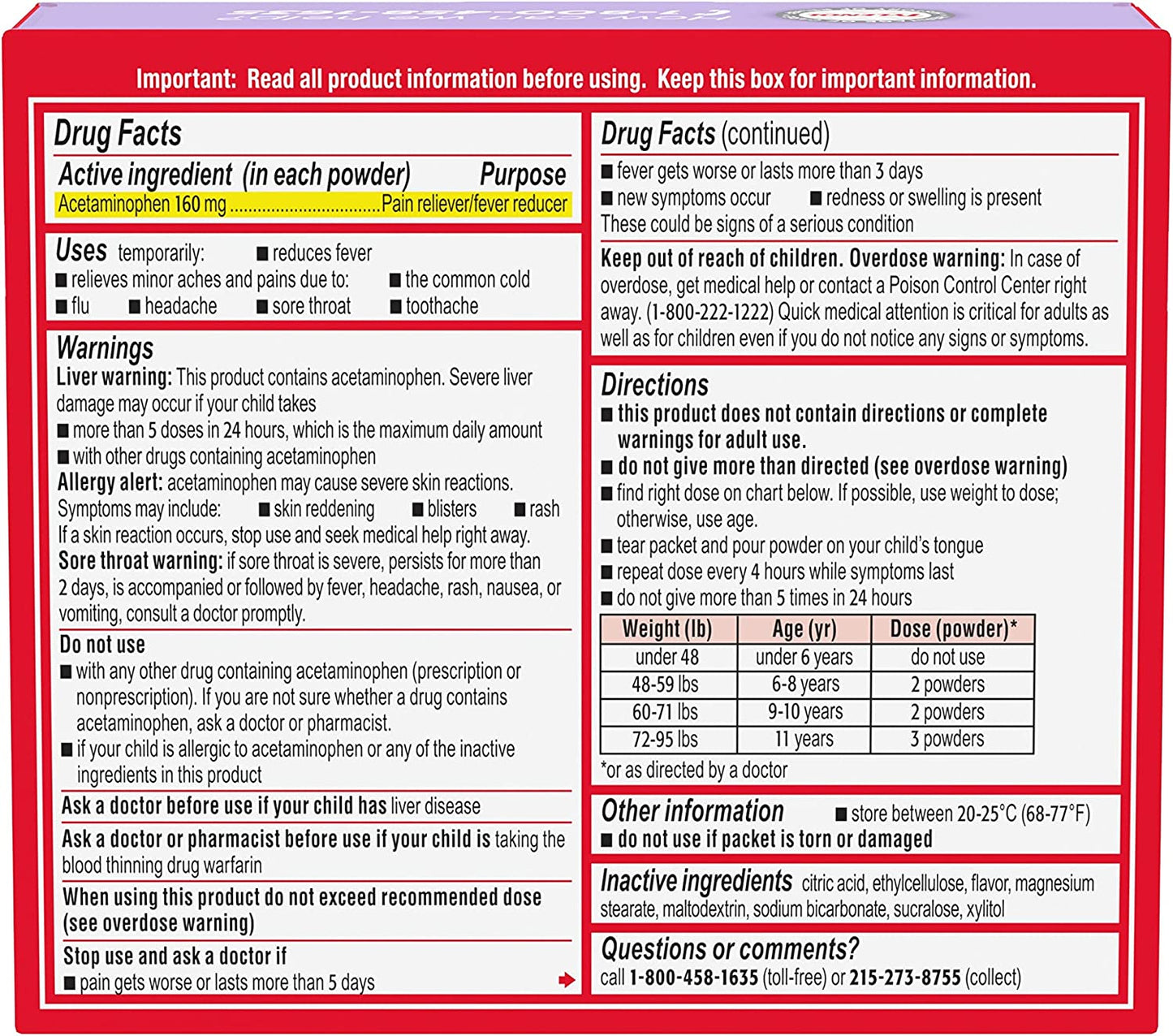 Children's Tylenol Dissolve Powder Packets with 160 mg Acetaminophen, Wild Berry, 18 ct