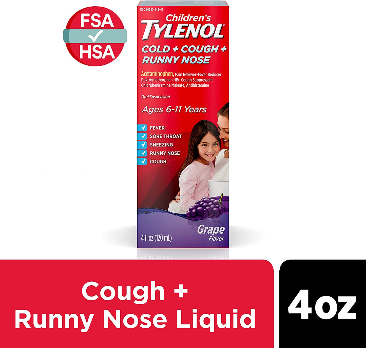 Children's Tylenol Cold + Cough + Runny Nose & Fever Medicine with Acetaminophen, Grape, 4 fl. oz