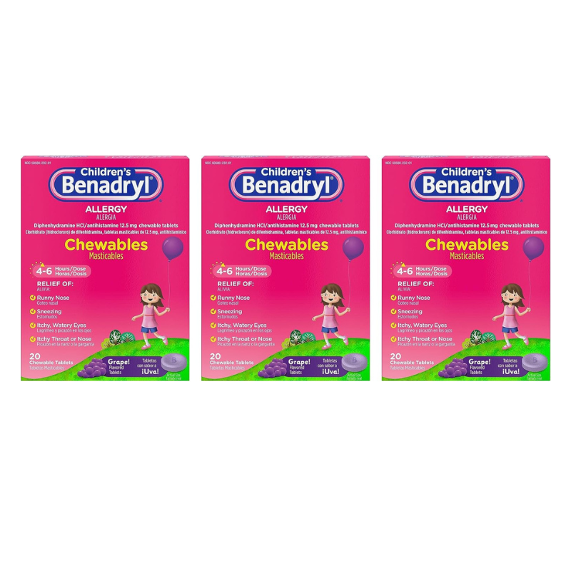 Benadryl Children's Allergy Antihistamine Chewable Tablets Grape Flavor -  3 x 20 = 60 Count