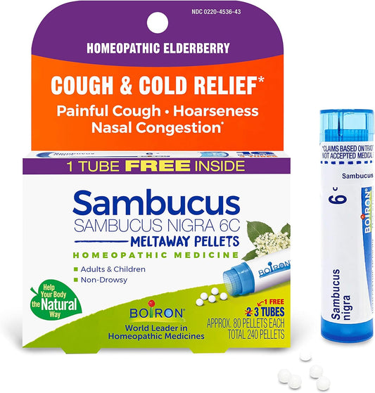 Boiron Sambucus Nigra 6c Homeopathic Medicine for Cough and Cold Relief, 3 Tubes, 240 Count