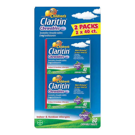 Claritin Children's Chewable 5 mg. 24 Hour Non-Drowsy, 80 Grape Chewable Tablets