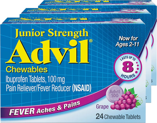 Advil Junior Strength Chewable Ibuprofen for Pain Relief, Grape - 24 Tablets (Pack of 3)
