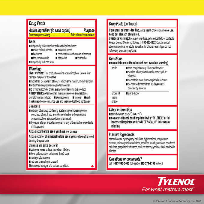 Tylenol 8 Hour Acetaminophen 650 mg Arthritis & Joint Pain, 290 Caplets
