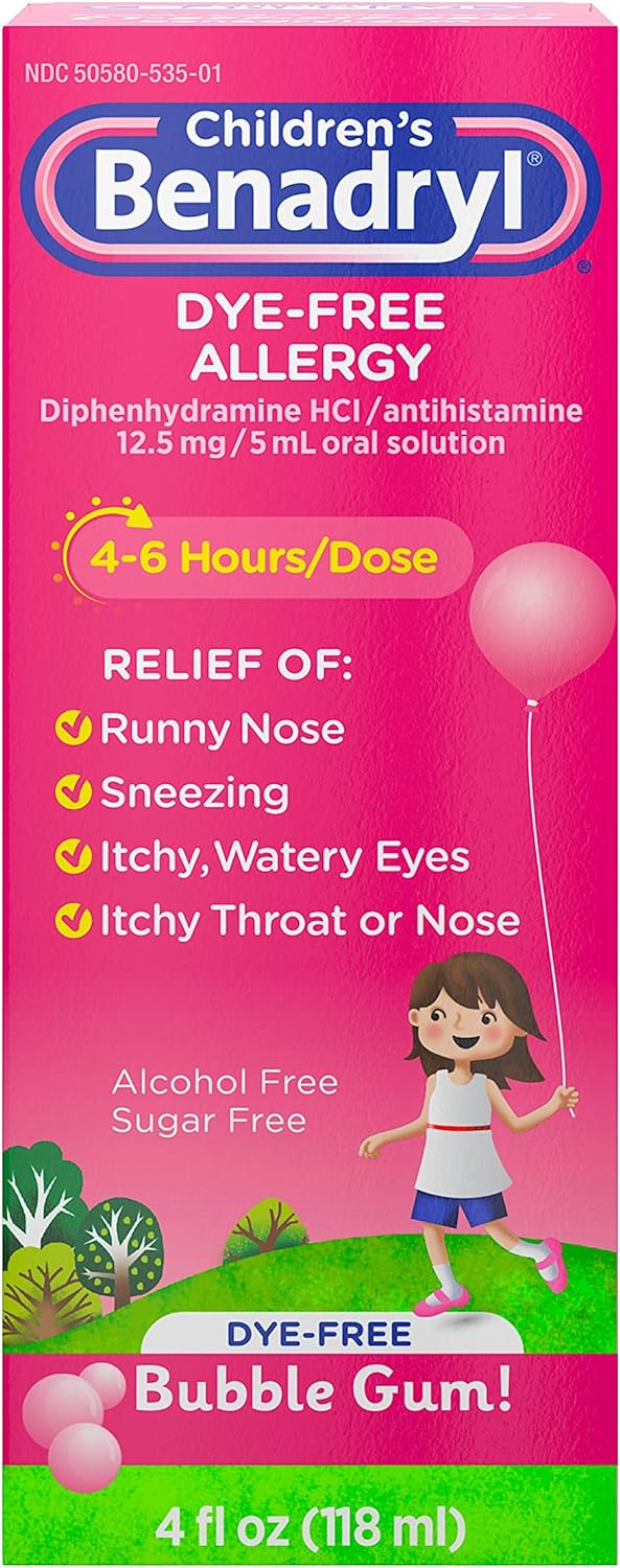 Benadryl Children's Dye-Free Allergy Liquid, Bubble Gum, 4 fl. oz