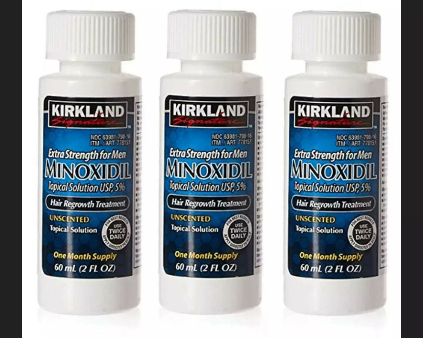 FDA APPROVED - Kirkland Signature Hair Regrowth Treatment Extra Strength for Men 5% Minoxidil Topical Solution, 3 Month Supply (3 x 60 mL)