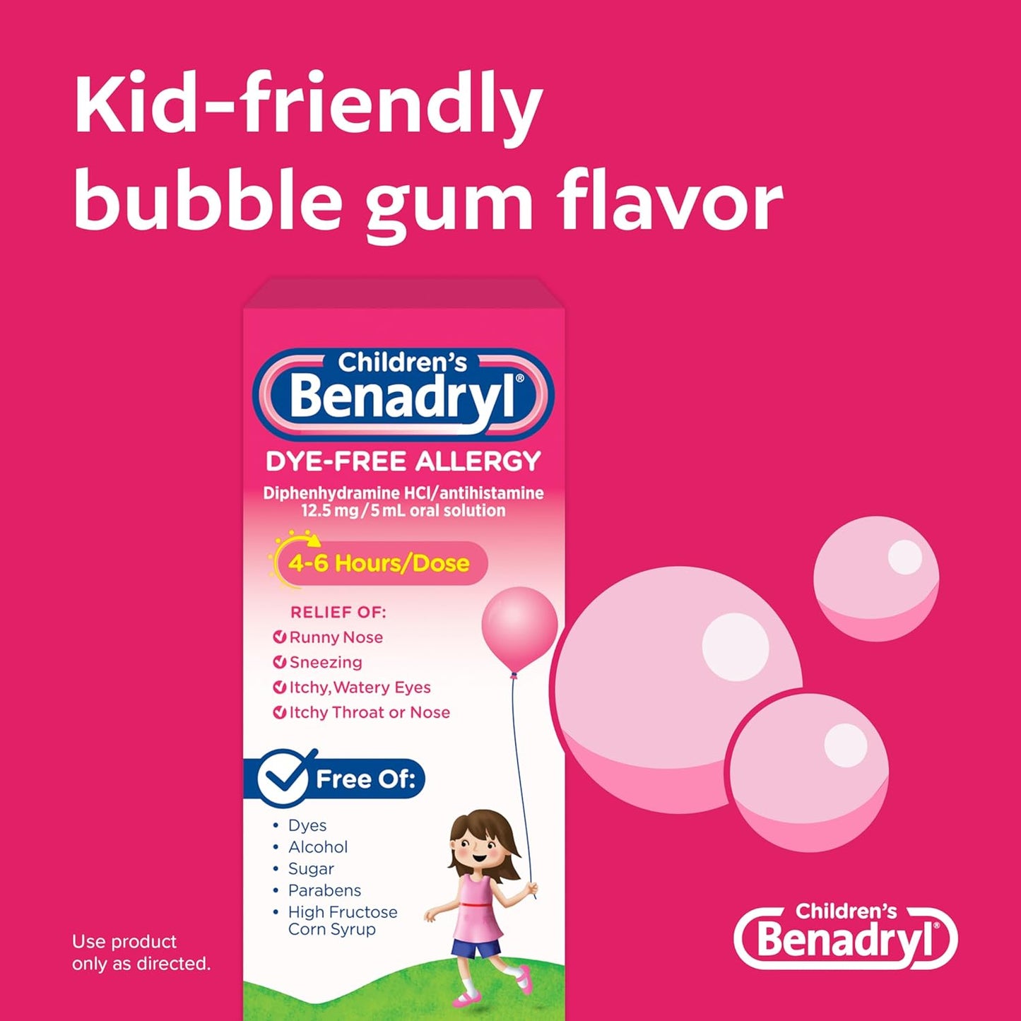 Benadryl Children's Dye-Free Allergy Liquid Antihistamine Relief Bubble Gum Flavor, 4 oz