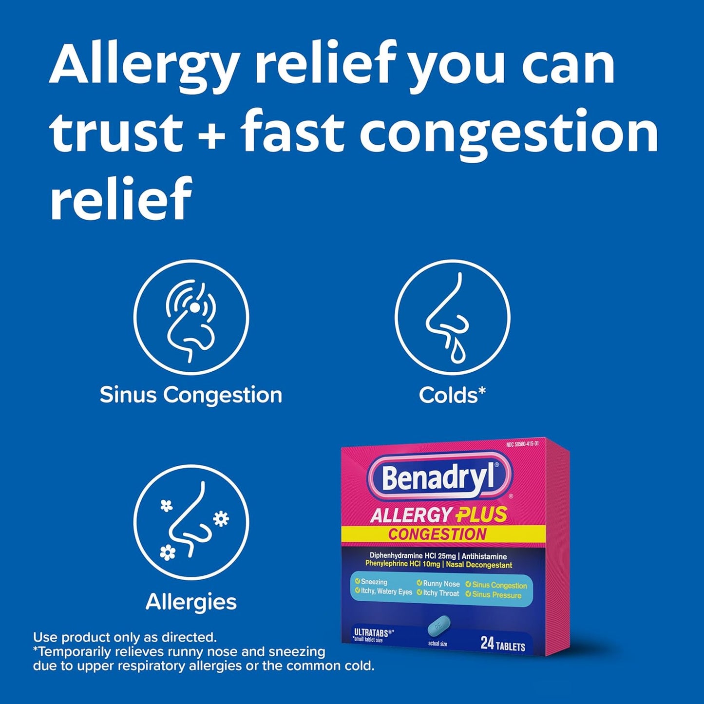Benadryl Allergy Plus Congestion Ultratabs Allergy & Sinus Congestion Relief Tablets, 24 ct