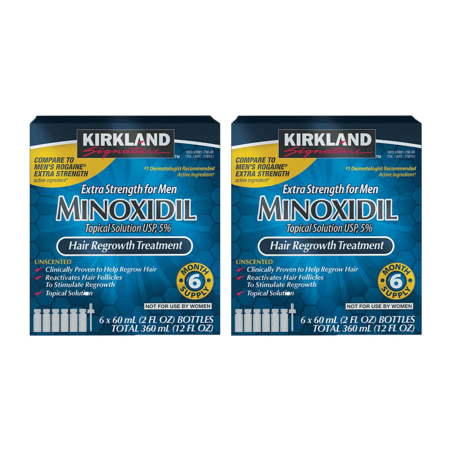 FDA APPROVED - Kirkland Signature Hair Regrowth Treatment Extra Strength for Men 5% Minoxidil Topical Solution, 12 Month Supply (12 x 60 mL)