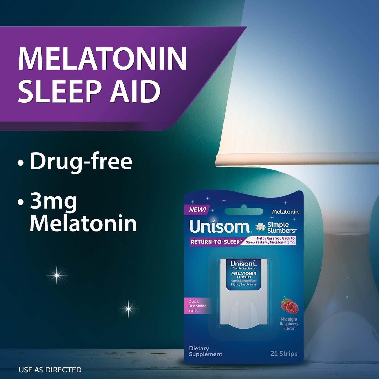 Unisom Simple Slumbers Return-to-Sleep Dissolving Strips 21-Count, Melatonin 3mg, Midnight Raspberry