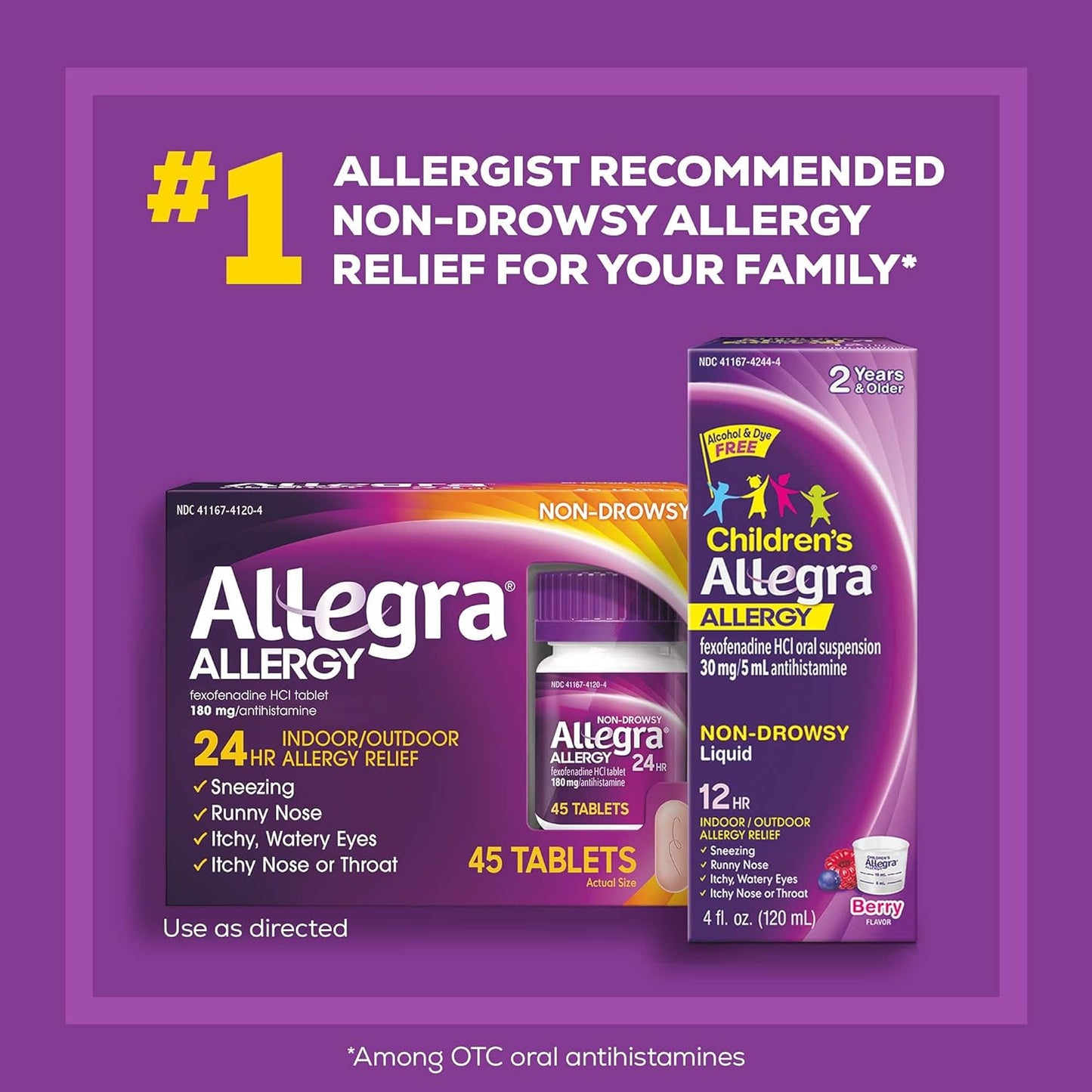 Allegra Adult 24HR Non-Drowsy Antihistamine, 45 Tablets, Fast-acting Allergy Symptom Relief, 180 mg