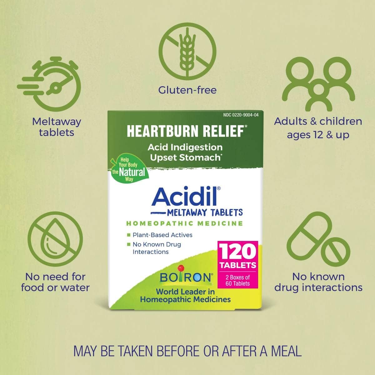 Boiron Acidil for Relief of Acid Reflux, Heartburn, Indigestion, and Upset Stomach - 120 Count (Pack of 2)