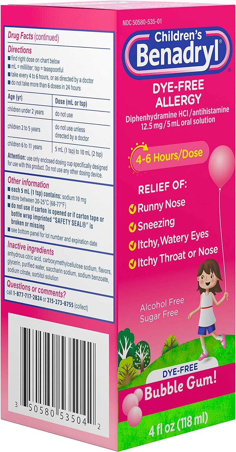 Benadryl Children's Dye-Free Allergy Liquid, Bubble Gum, 4 fl. oz