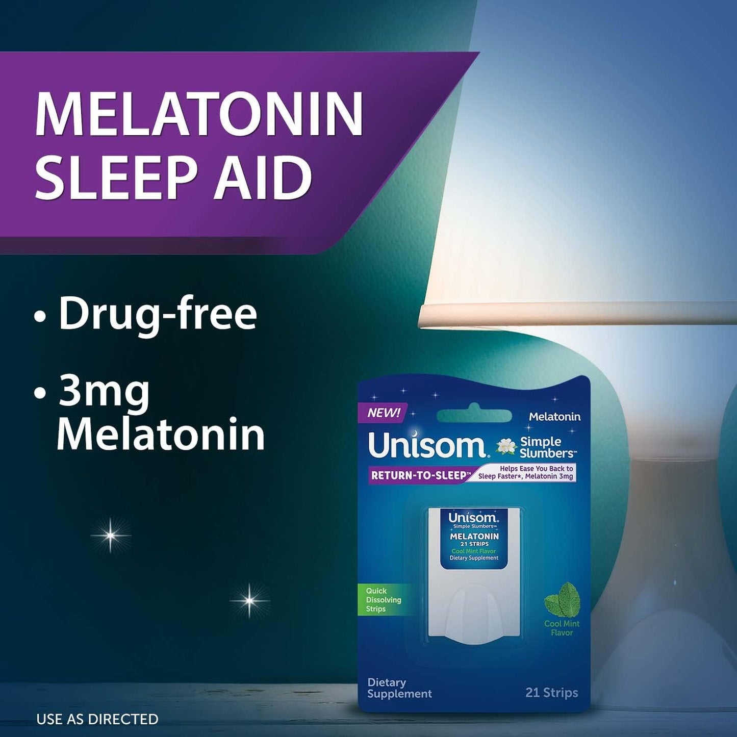 Unisom Simple Slumbers Return-to-Sleep Dissolving Strips 21-Count, Melatonin 3mg, Cool Mint