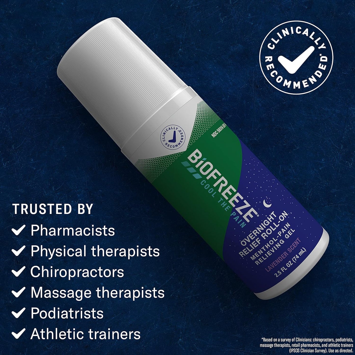 Biofreeze Roll-On Menthol Overnight Pain Relieving Gel 2.5 FL OZ with Lavender Scent