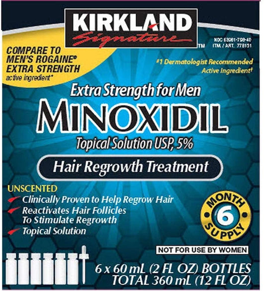 FDA APPROVED - Kirkland Signature Hair Regrowth Treatment Extra Strength for Men 5% Minoxidil Topical Solution, 6 Month Supply (6 x 60 mL)