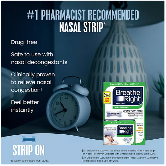 Breathe Right Nasal Strips, Extra Strength Clear, Help Stop Snoring, For Sensitive Skin, 72 Strips