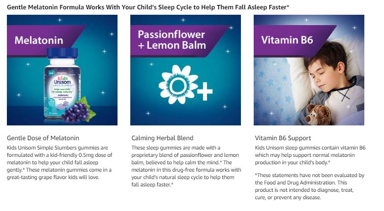 Unisom Simple Slumbers Kids Drug-Free Sleep Aid Gummies 30-Count, Melatonin 0.5mg, Grape